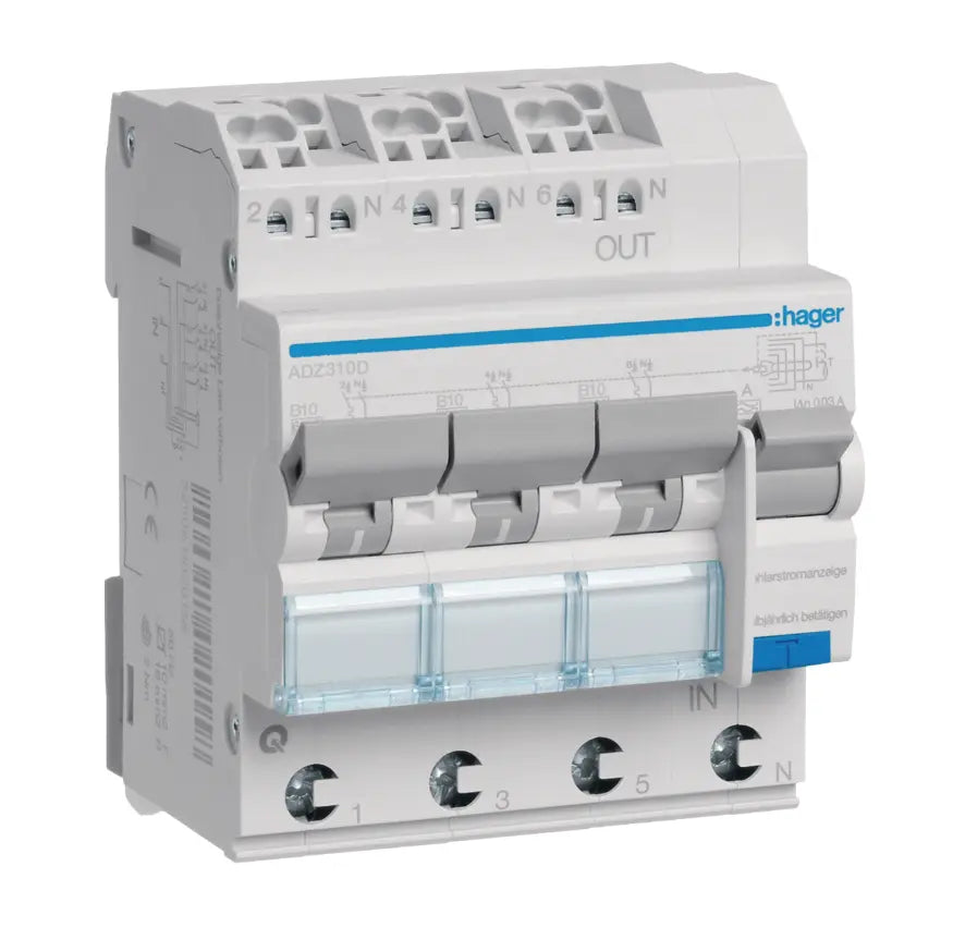 FI/LS-Schalter ADZ310D 3x 1P+N 6kA B-10A 30mA Typ A QC | Hager