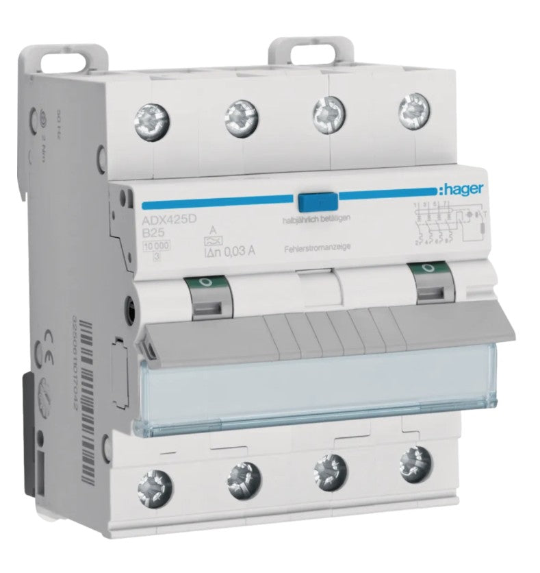 FI/LS-Schalter Leitungsschutzschalter Hager ADX425D 4polig 10kA B25A 0,03A A - Ismailkar