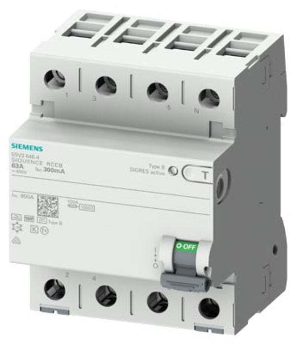 FI-Schalter Typ B kurzzeitverzögert 4-polig, Typ B, Siemens 5SV3346-4 63 A, 30 mA | Siemens