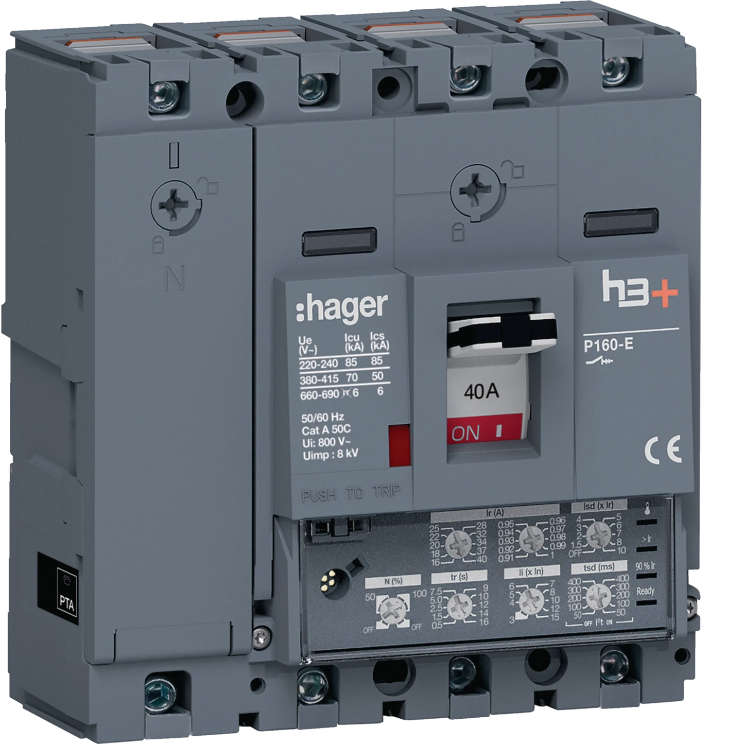 Leistungsschalter h3+ P160 LSI 4P4D N0-50-100% 40A 70kA CTC | Hager