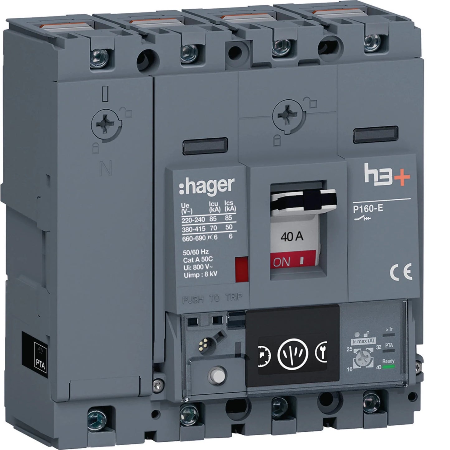 Leistungsschalter h3+ P160 Energy 4P4D N0-50-100% 40A 70kA CTC | Hager