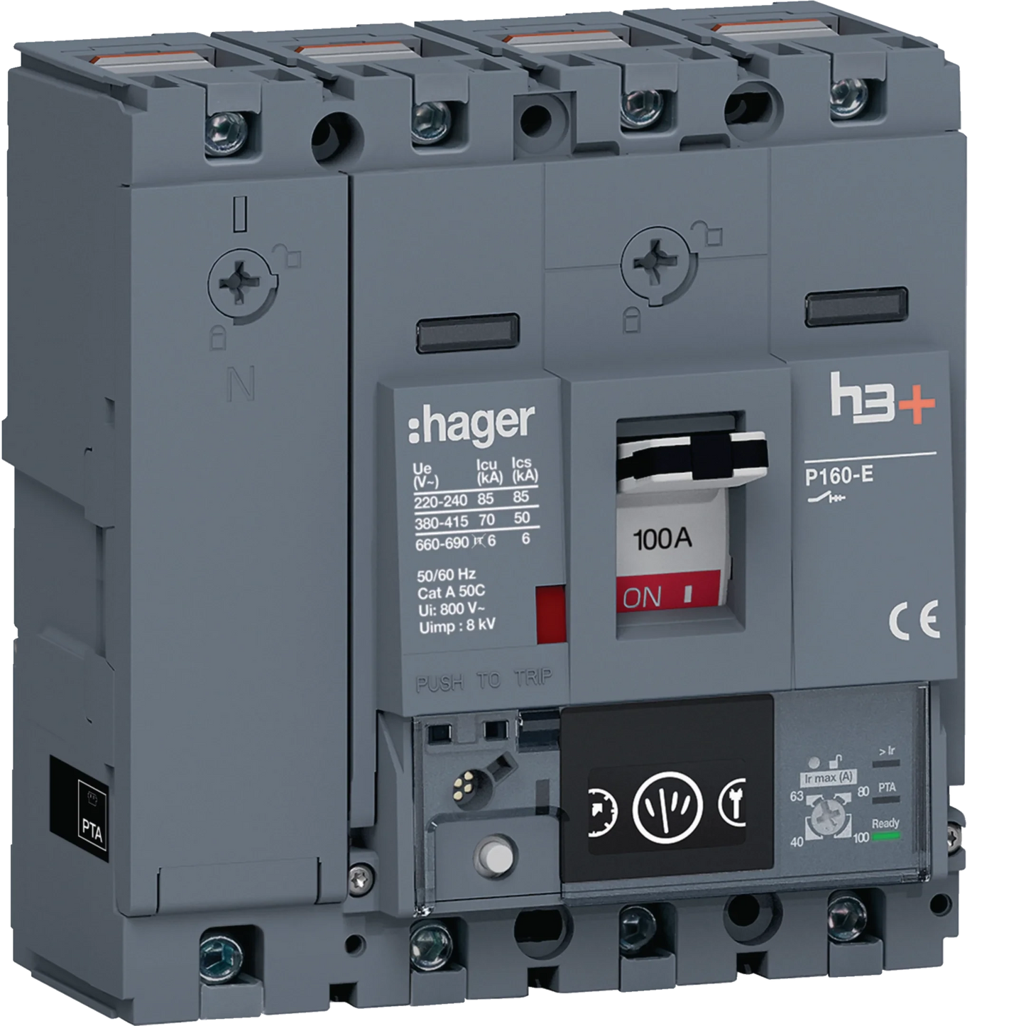 Leistungsschalter h3+ P160 Energy 4P4D N0-50-100% 100A 70kA CTC | Hager