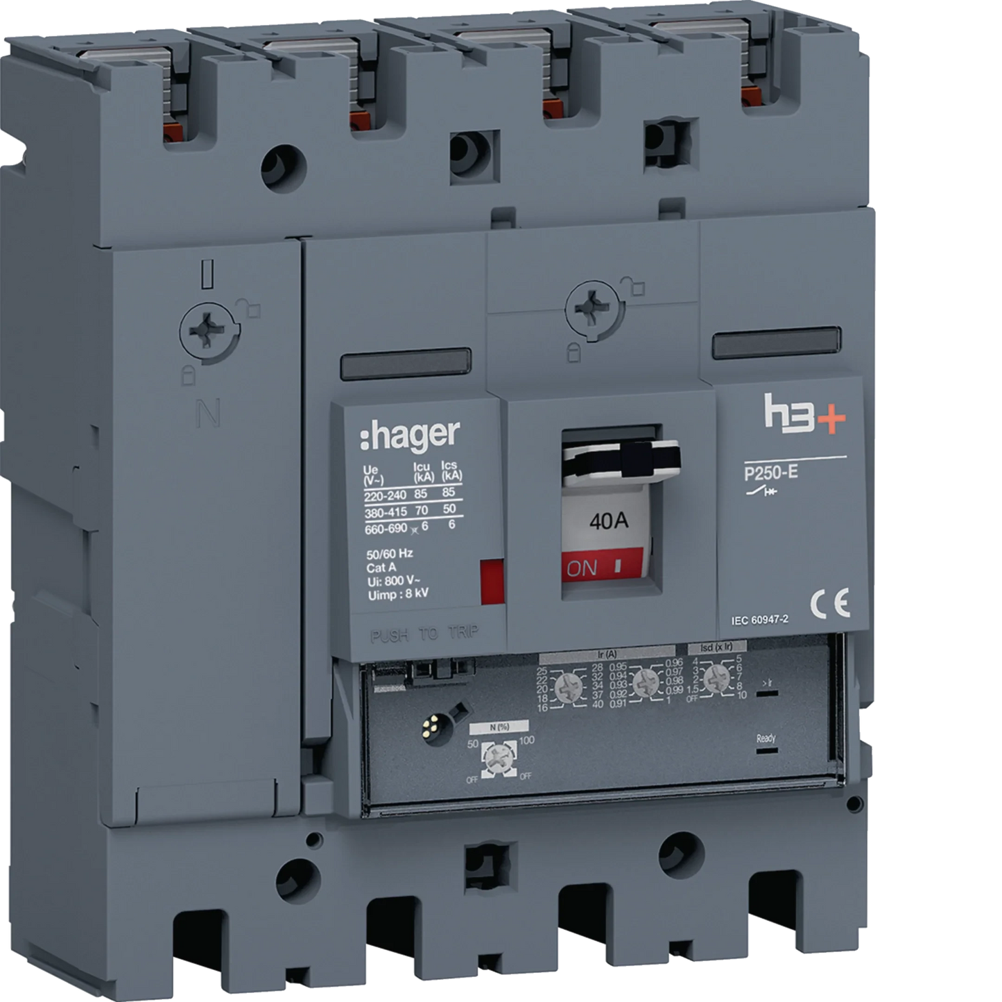 Leistungsschalter h3+ P250 LSnI 4P4D N0-50-100% 40A 70kA FTC | Hager