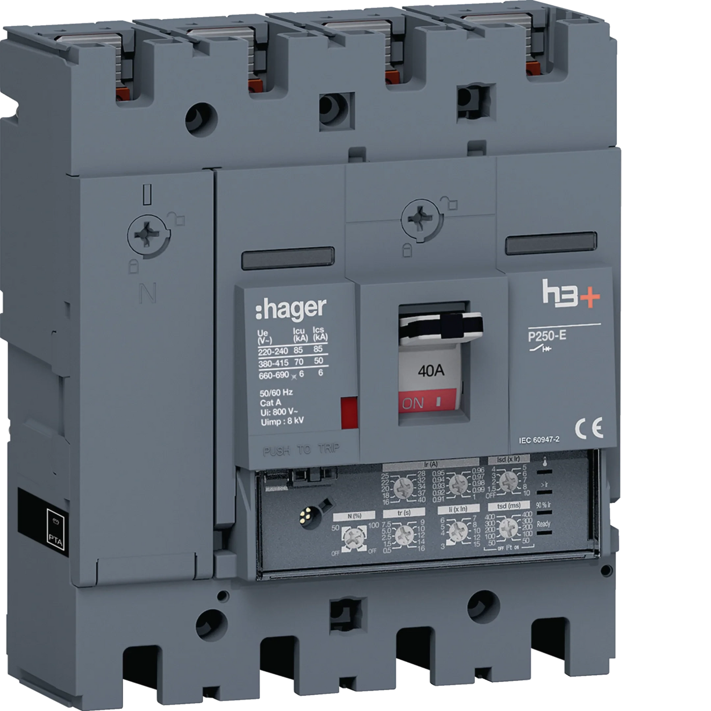 Leistungsschalter h3+ P250 LSI 4P4D N0-50-100% 40A 70kA FTC | Hager