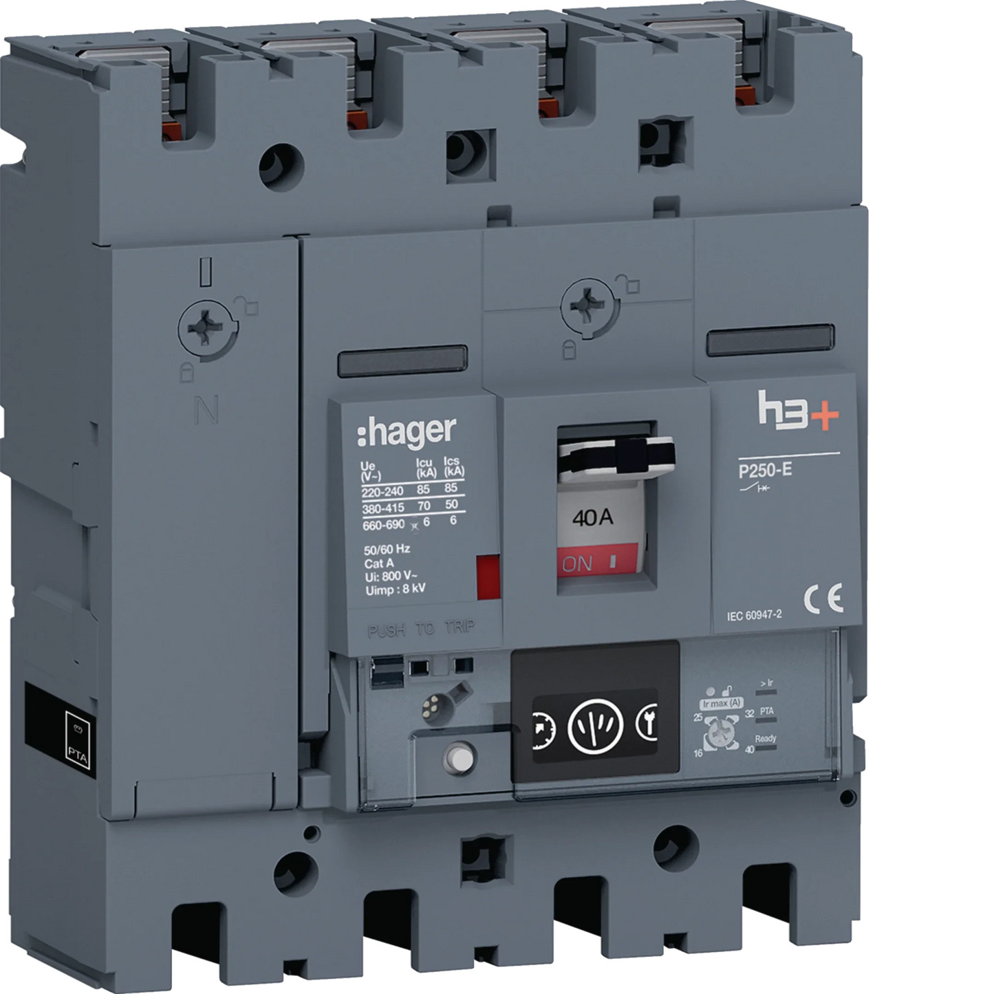 Leistungsschalter h3+ P250 Energy 4P4D N0-50-100% 40A 70kA FTC | Hager