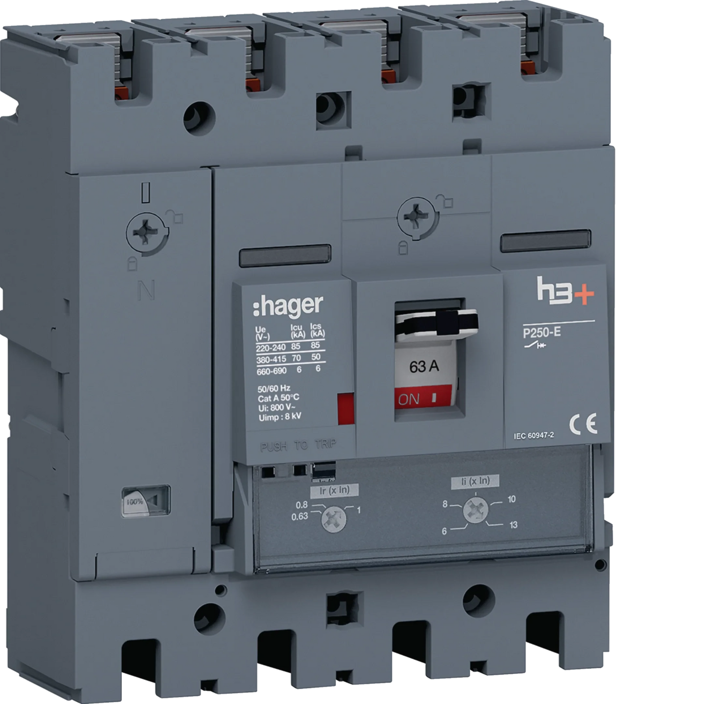 Leistungsschalter h3+ P250 TM ADJ 4P4D N0-100% 63A 70kA FTC | Hager