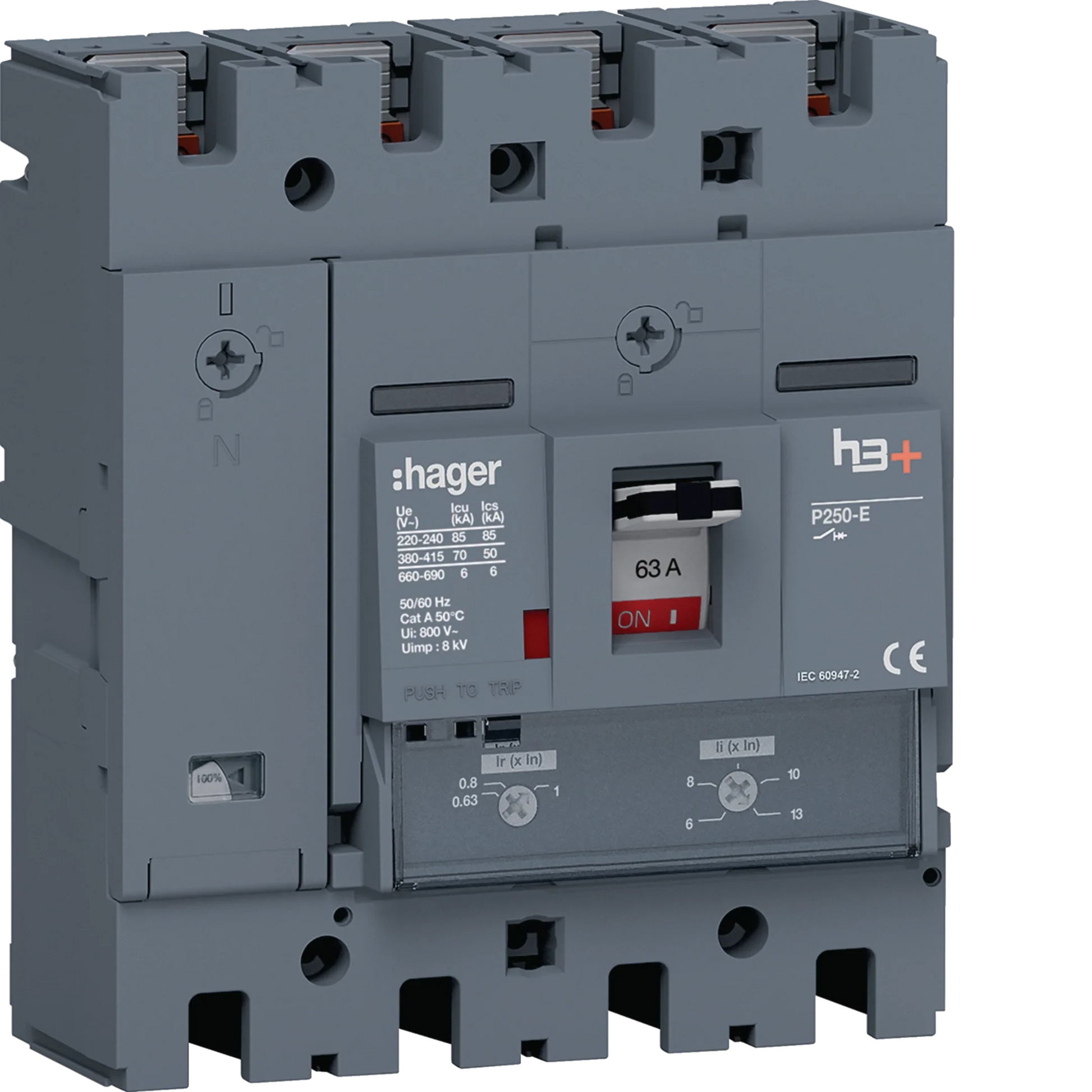 Leistungsschalter h3+ P250 TM ADJ 4P4D N0-100% 63A 70kA FTC | Hager