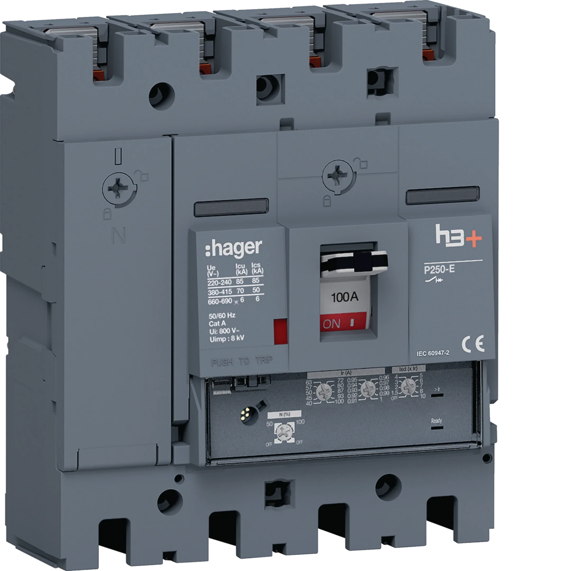 Leistungsschalter h3+ P250 LSnI 4P4D N0-50-100% 100A 70kA FTC | Hager