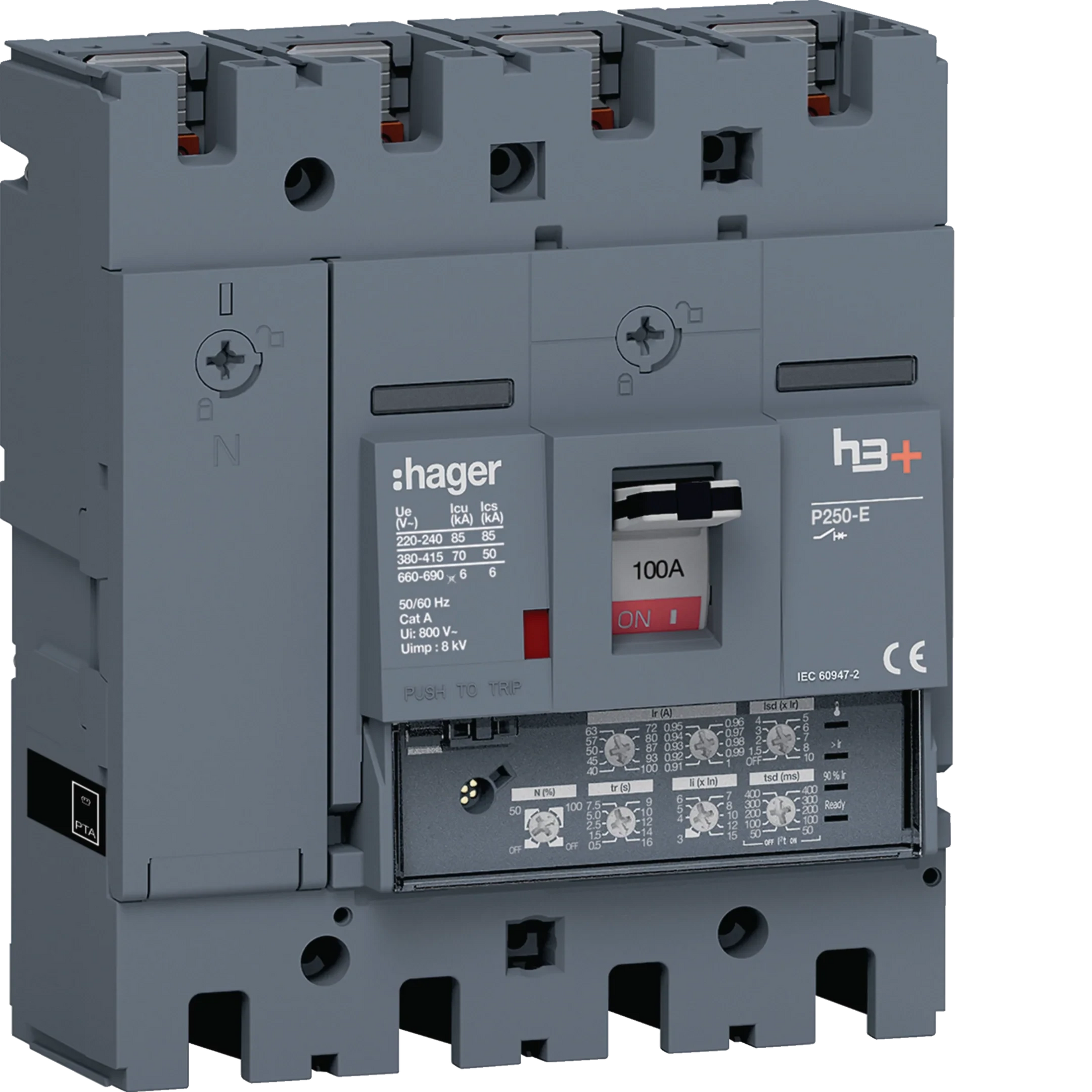 Leistungsschalter h3+ P250 LSI 4P4D N0-50-100% 100A 70kA FTC | Hager