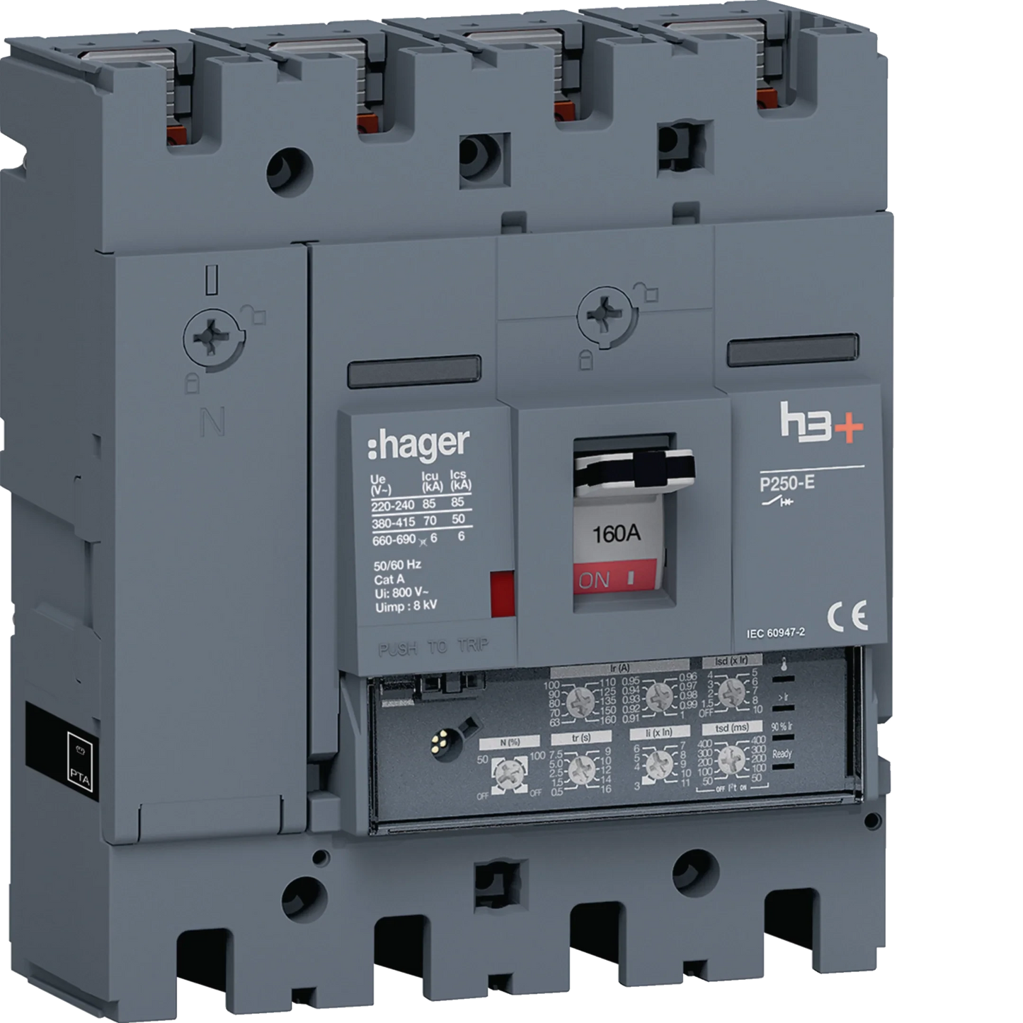 Leistungsschalter h3+ P250 LSI 4P4D N0-50-100% 160A 70kA FTC | Hager