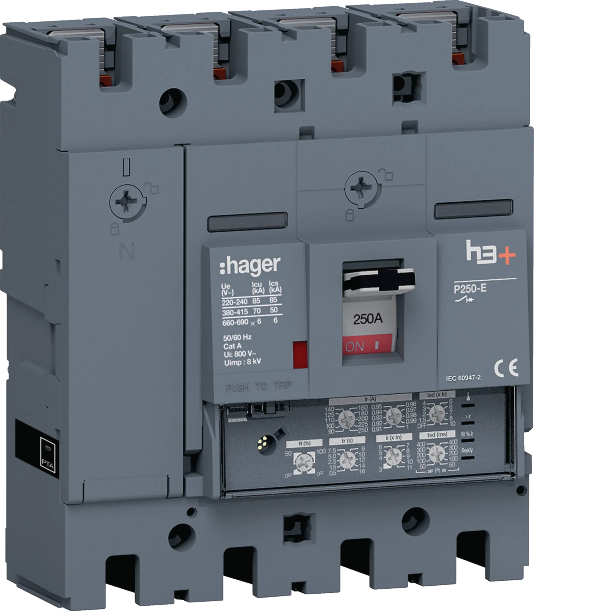 Leistungsschalter h3+ P250 LSI 4P4D N0-50-100% 250A 70kA FTC | Hager