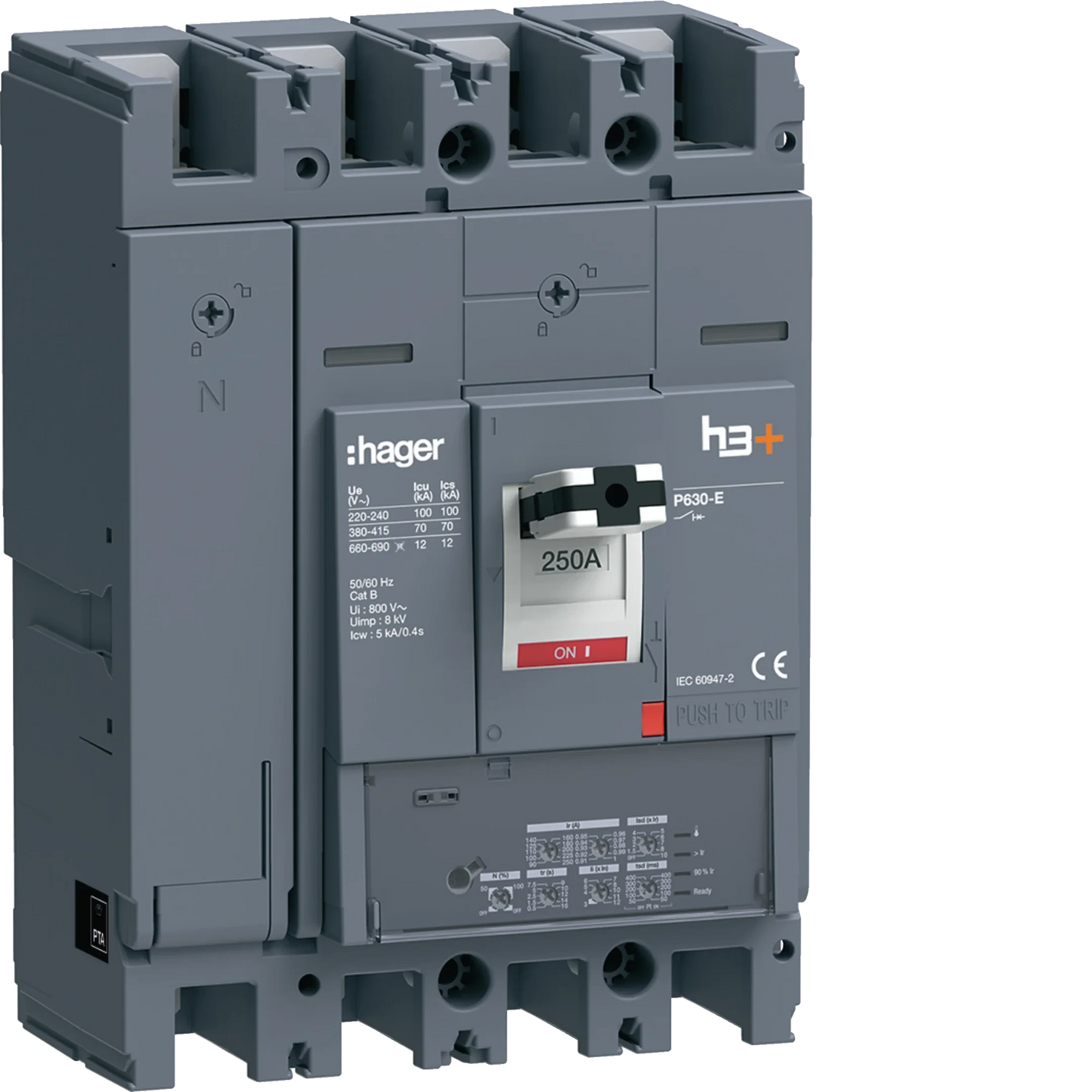 Leistungsschalter h3+ P630 LSI 4P4D N0-50-100% 250A 70kA FTC | Hager