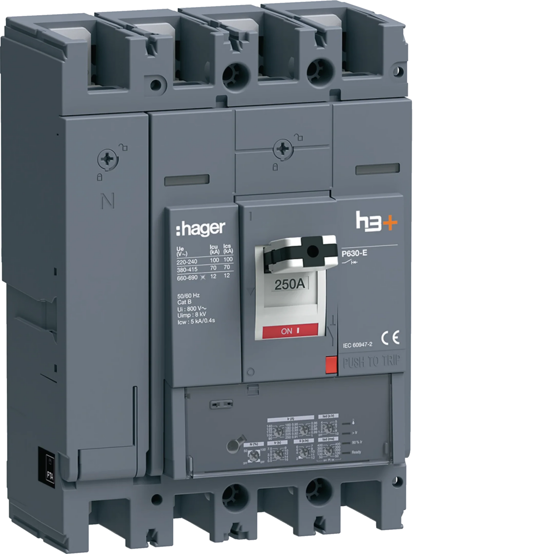 Leistungsschalter h3+ P630 LSI 4P4D N0-50-100% 250A 70kA FTC | Hager
