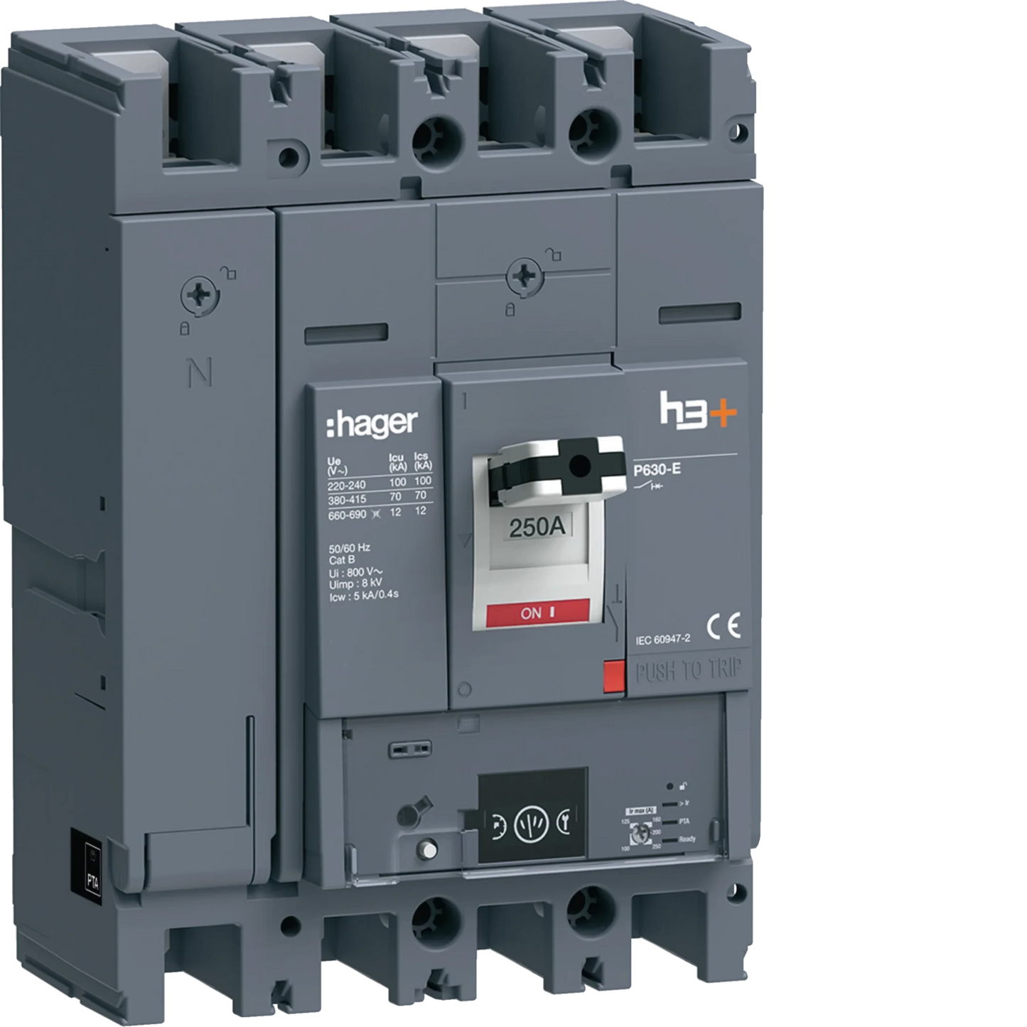Leistungsschalter h3+ P630 Energy 4P4D N0-50-100% 250A 70kA FTC | Hager