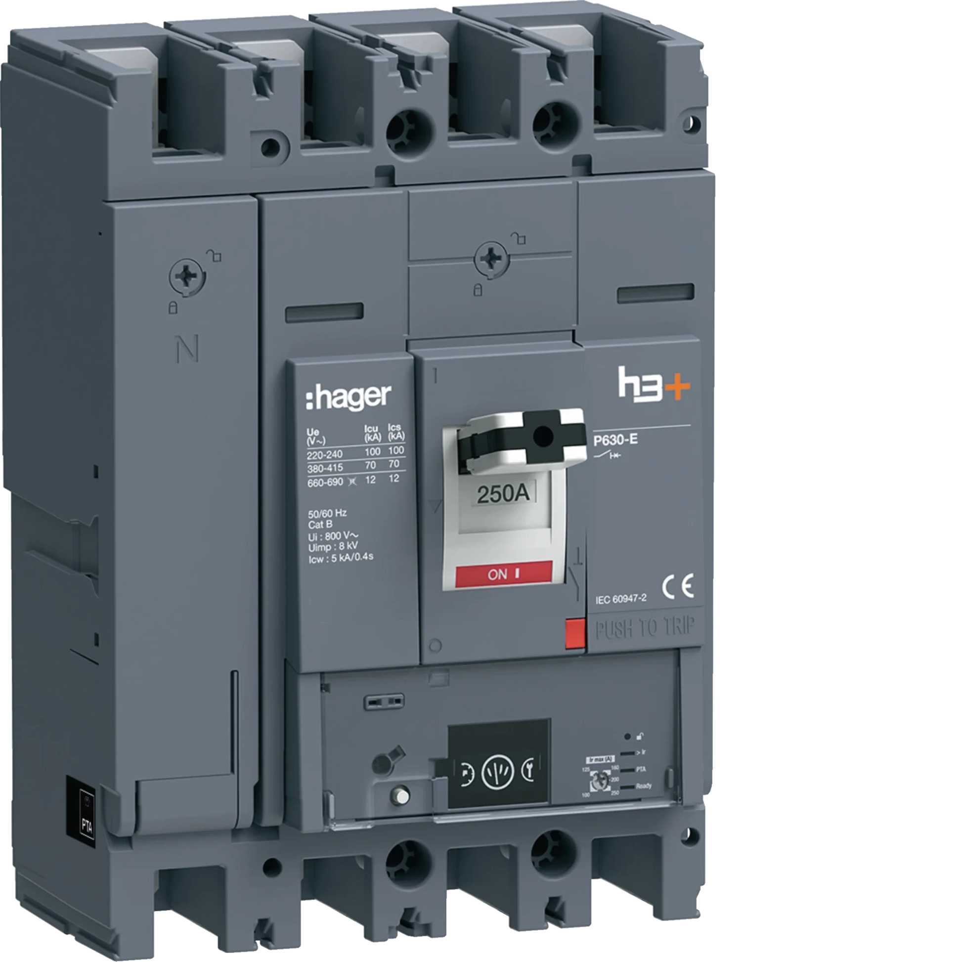Leistungsschalter h3+ P630 Energy 4P4D N0-50-100% 250A 70kA FTC | Hager