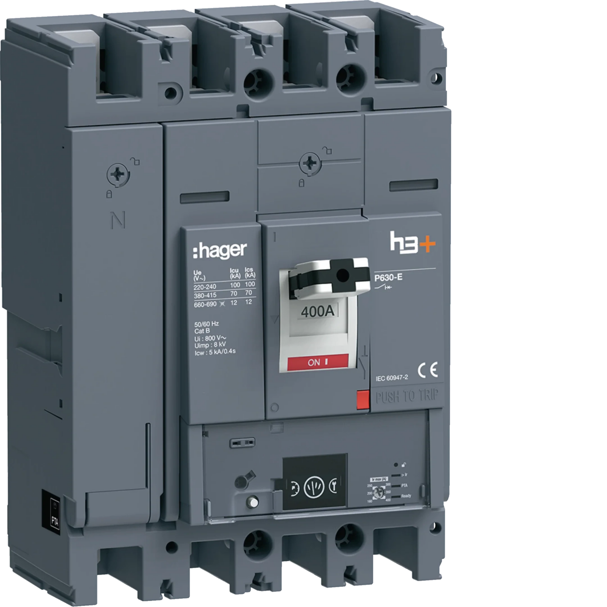Leistungsschalter h3+ P630 Energy 4P4D N0-50-100% 400A 70kA FTC | Hager