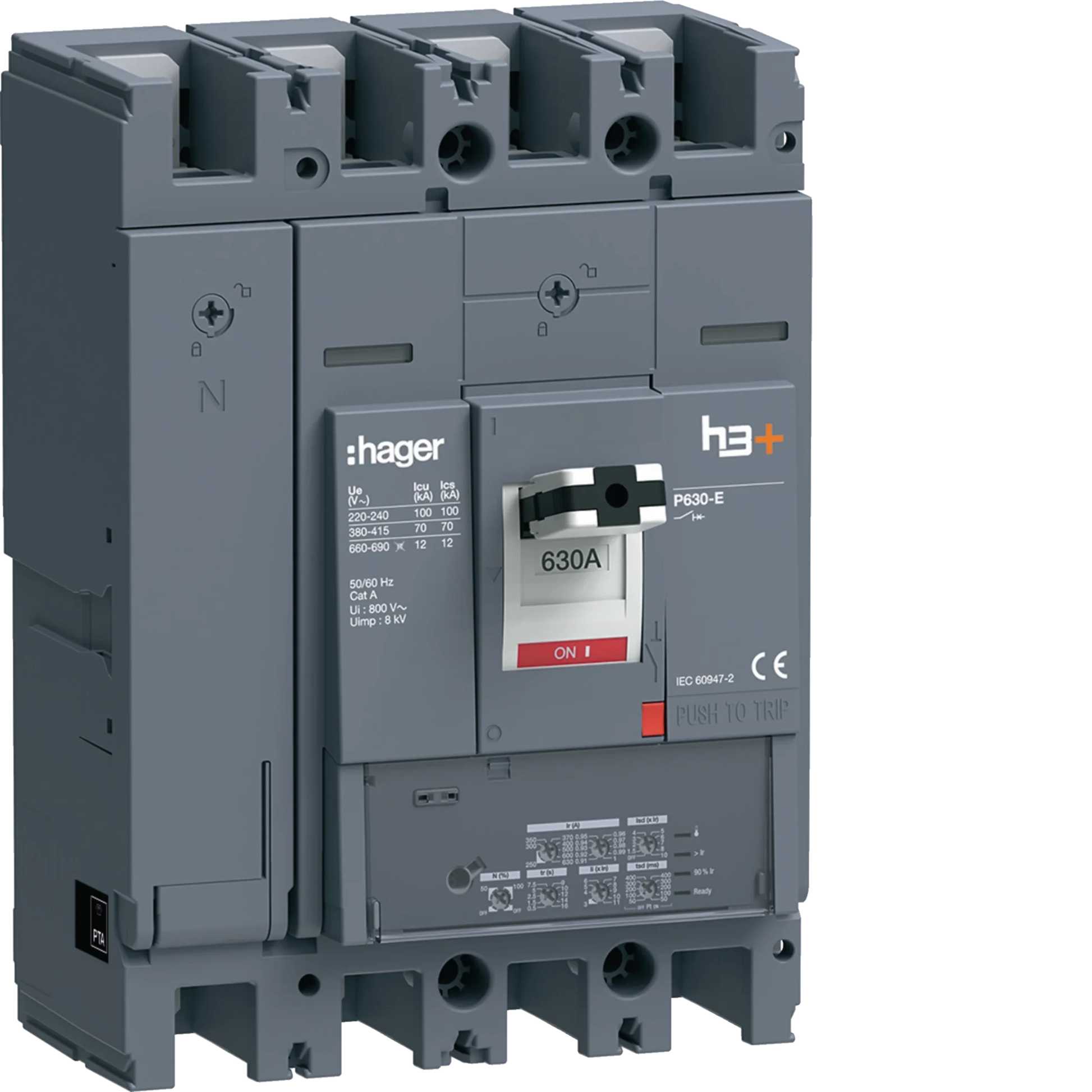 Leistungsschalter h3+ P630 LSI 4P4D N0-50-100% 630A 70kA FTC | Hager