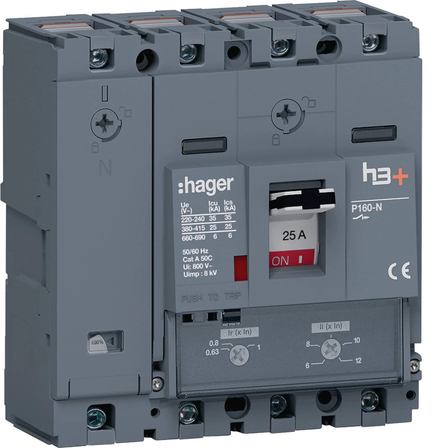 Leistungsschalter h3+ P160 TM ADJ 4P4D N0-100% 25A 25kA CTC | Hager