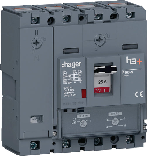 Leistungsschalter h3+ P160 TM ADJ 4P4D N0-100% 25A 25kA CTC | Hager