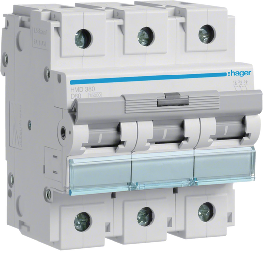 Leitungsschutzschalter 3 polig 15kA D-Charakteristik 80A 4.5 Module | Hager