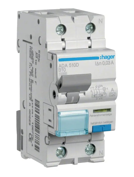 Hager FI/LS-Schalter ADA510D 1P+N 10kA B10A 30mA Typ A FI-Schutzschalter | Hager