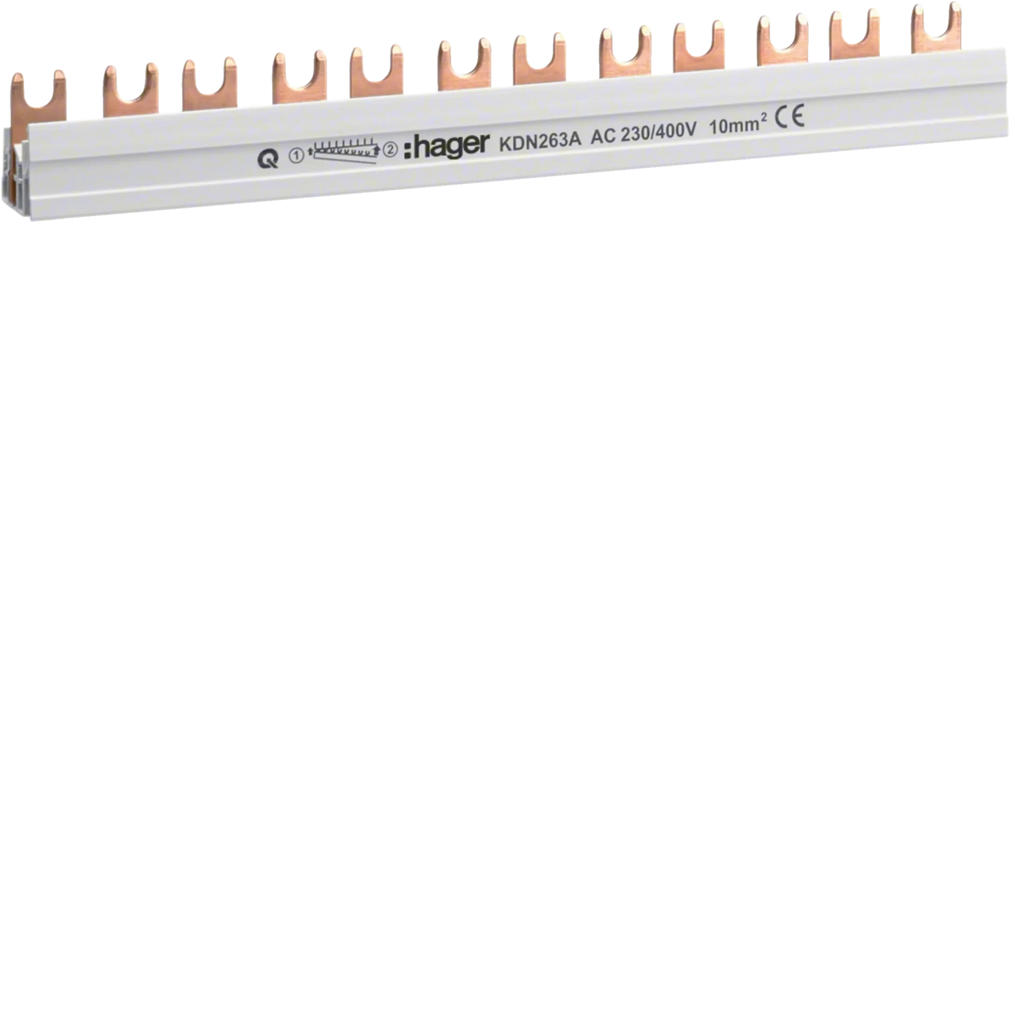Phasenschiene 2 polig mit Gabelanschluss 10mm² 63A 12 Module | Hager