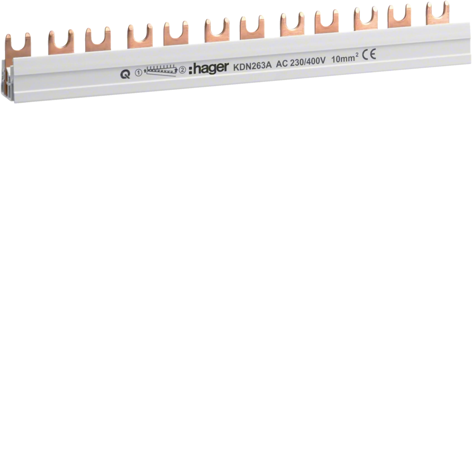 Phasenschiene 2 polig mit Gabelanschluss 10mm² 63A 12 Module | Hager