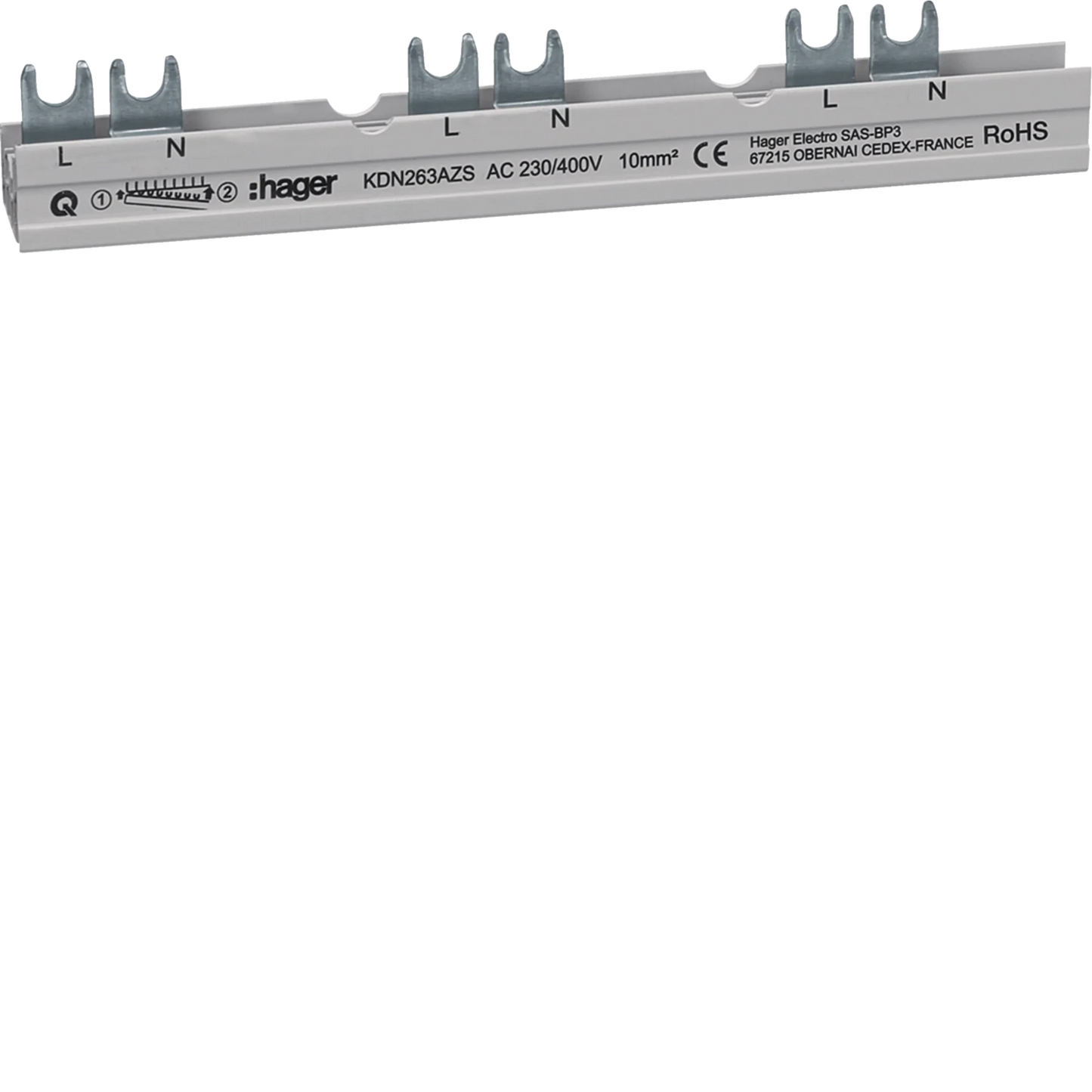 Phasenschiene 2P Gabelanschluss 10 mm² für ARFxxxD mit Hilfsschalter 10 Module | Hager