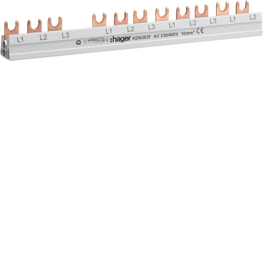 Phasenschiene 3 polig mit Gabelanschluss 10mm² 63A 12 Module | Hager