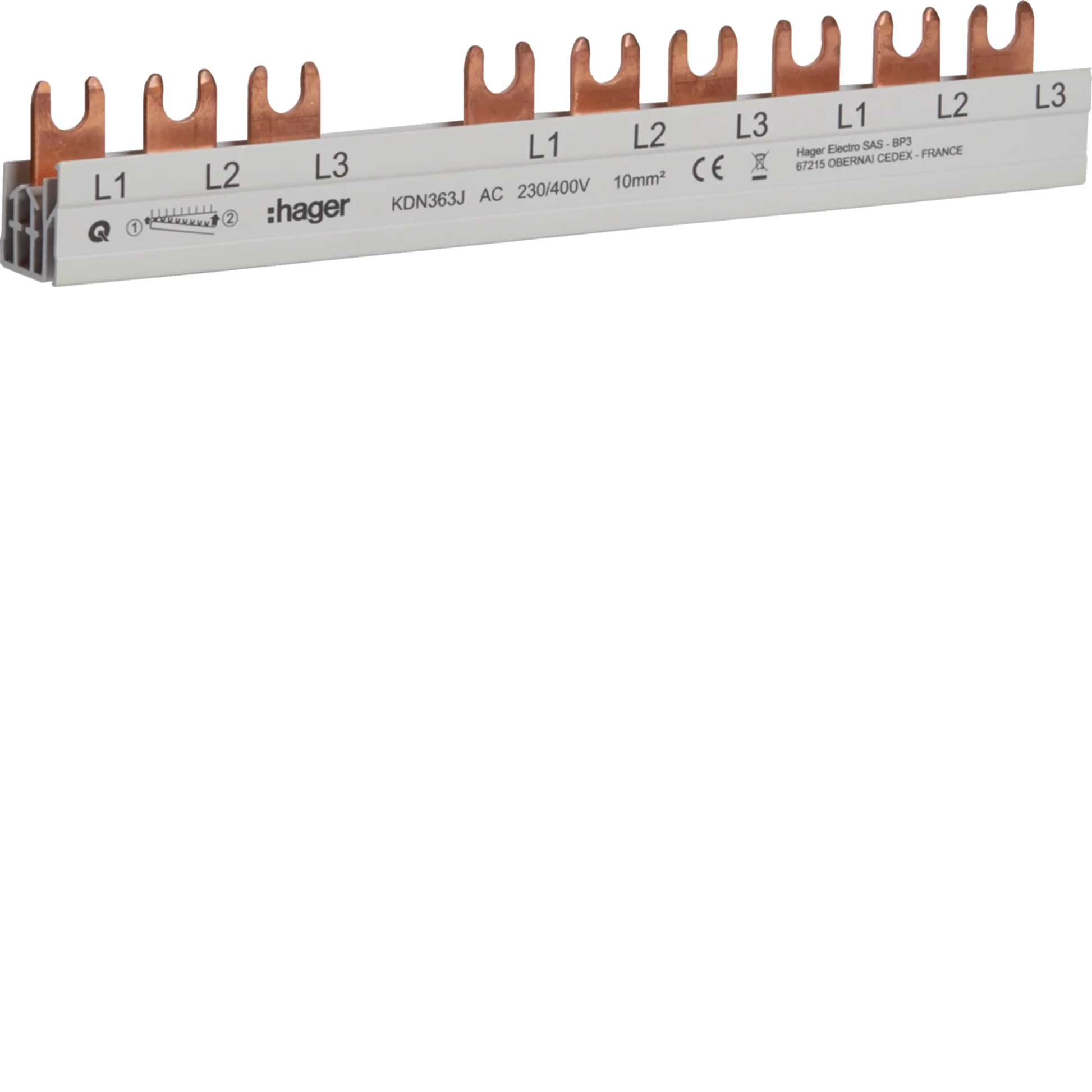 Phasenschiene 3 polig mit Gabelanschluss 10mm² 63A 10 Module | Hager