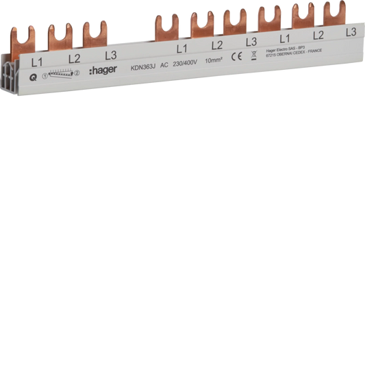 Phasenschiene 3 polig mit Gabelanschluss 10mm² 63A 10 Module | Hager