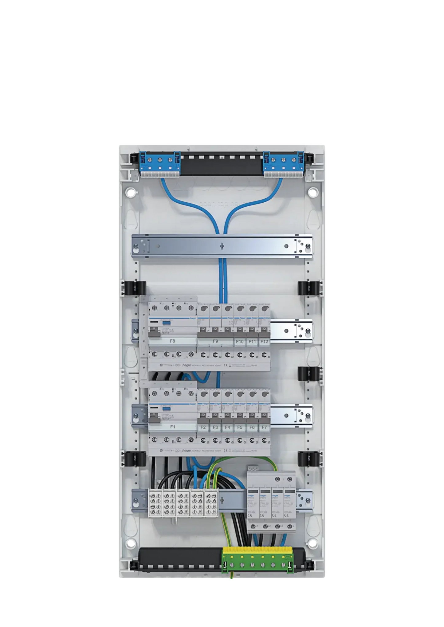 Kleinv.,volta,APV,4x12PLE,IP30,bestückt u. verdrahtet,2 FI-Kreise,Übersp.ableit | Hager