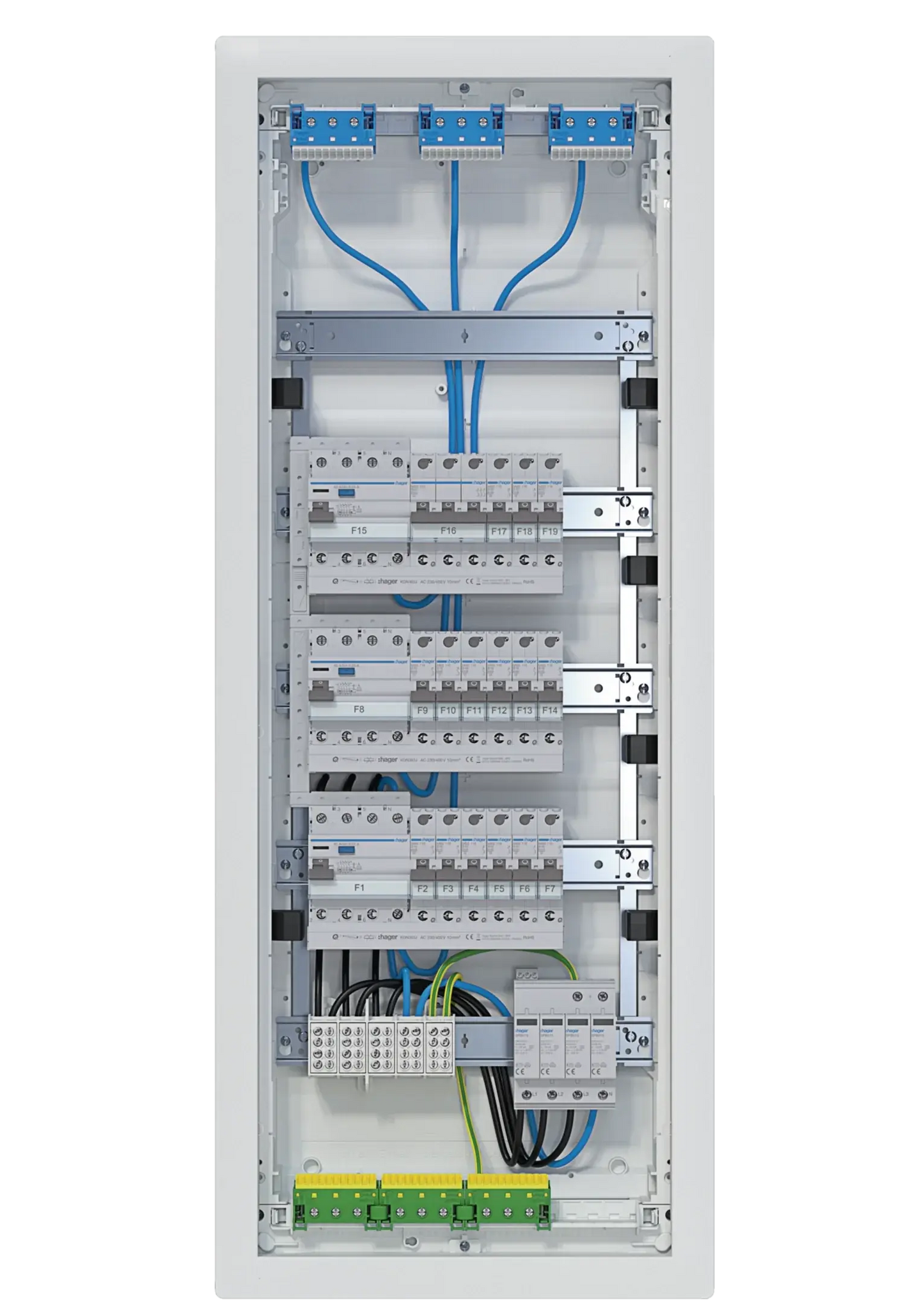 Kleinv.,volta,UPV,5x12PLE,IP30,bestückt u. verdrahtet,3 FI-Kreise,Übersp.ableit | Hager