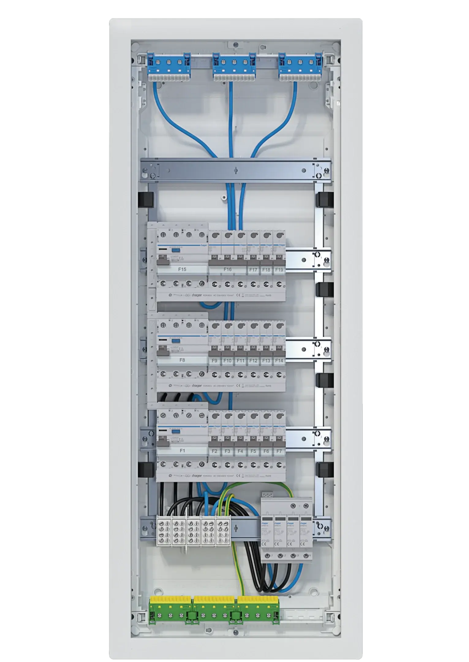 Kleinv.,volta,UPV,5x12PLE,IP30,bestückt u. verdrahtet,3 FI-Kreise,Übersp.ableit | Hager