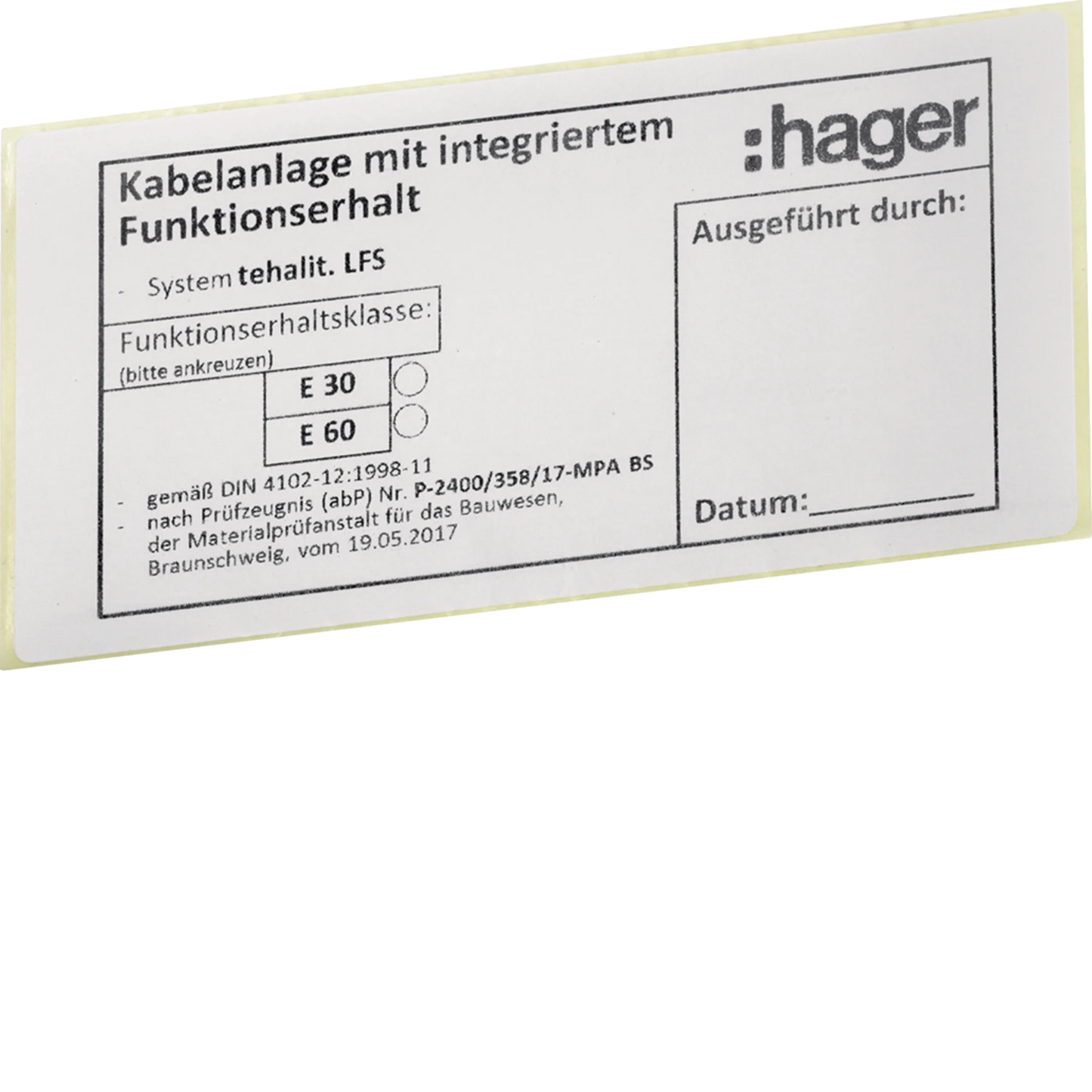 Funktionserhaltetikett LFS | Hager