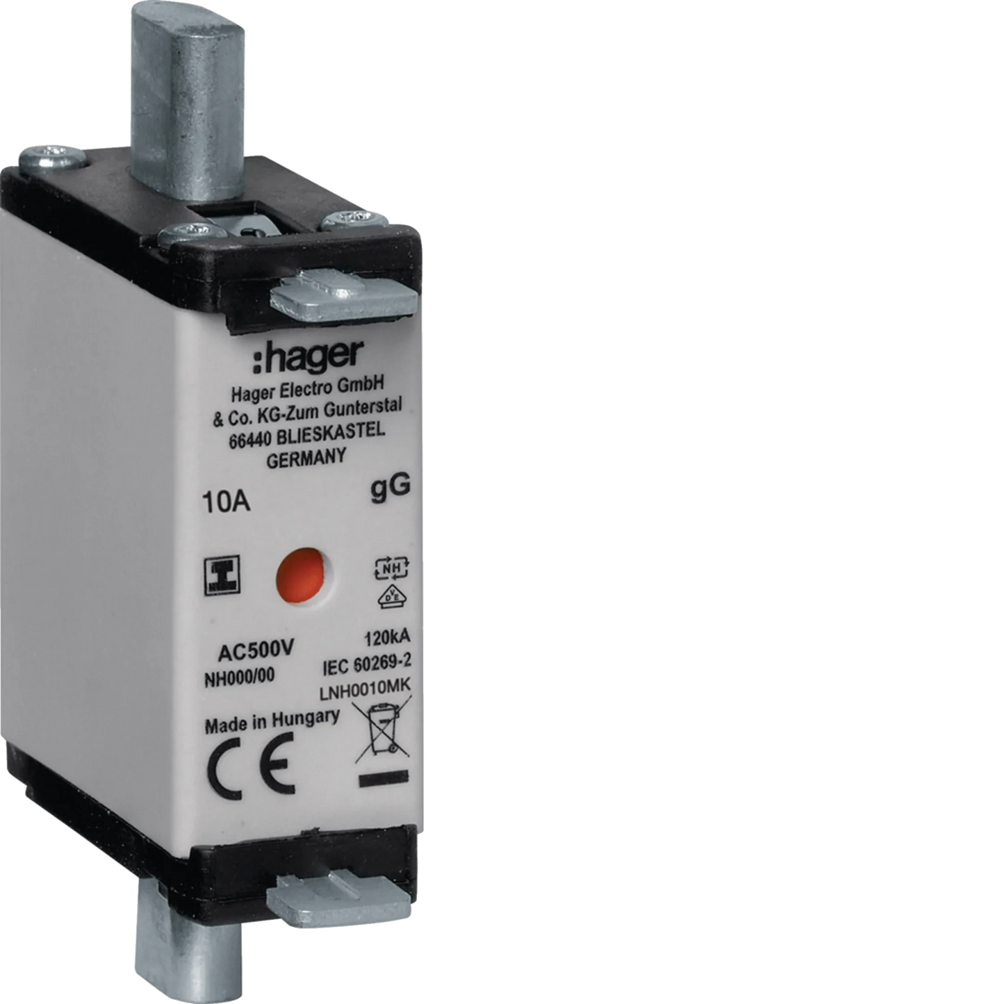 NH-Sicherungseinsatz NH000 gG 500V 10A Kombi-Melder mit isolierter Grifflasche | Hager