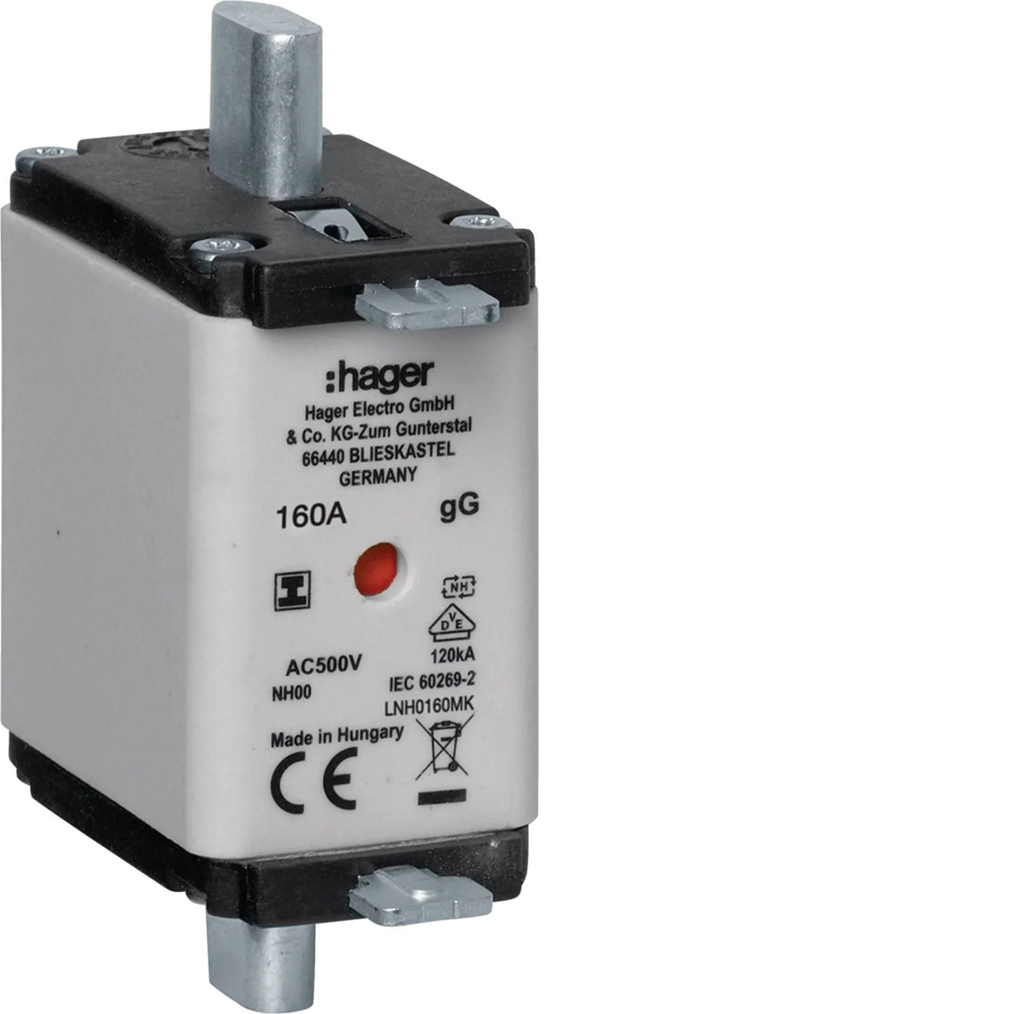 NH-Sicherungseinsatz NH00 gG 500V 160A Kombi-Melder mit isolierter Grifflasche | Hager
