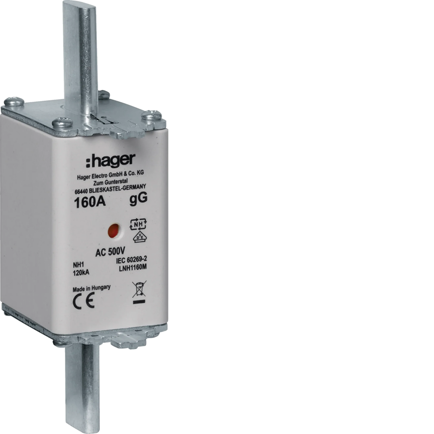 NH-Sicherungseinsatz NH1 gG AC500V 160A Kombi-Melder mit Metall-Grifflasche | Hager