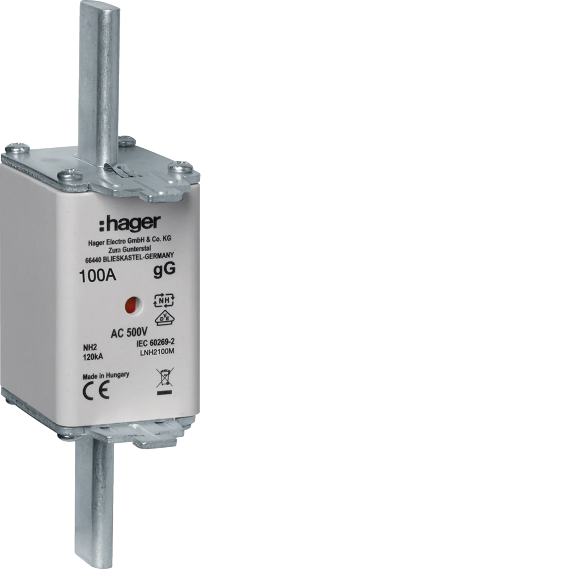 NH-Sicherungseinsatz NH2C gG AC500V 100A Kombi-Melder mit Metall-Grifflasche | Hager