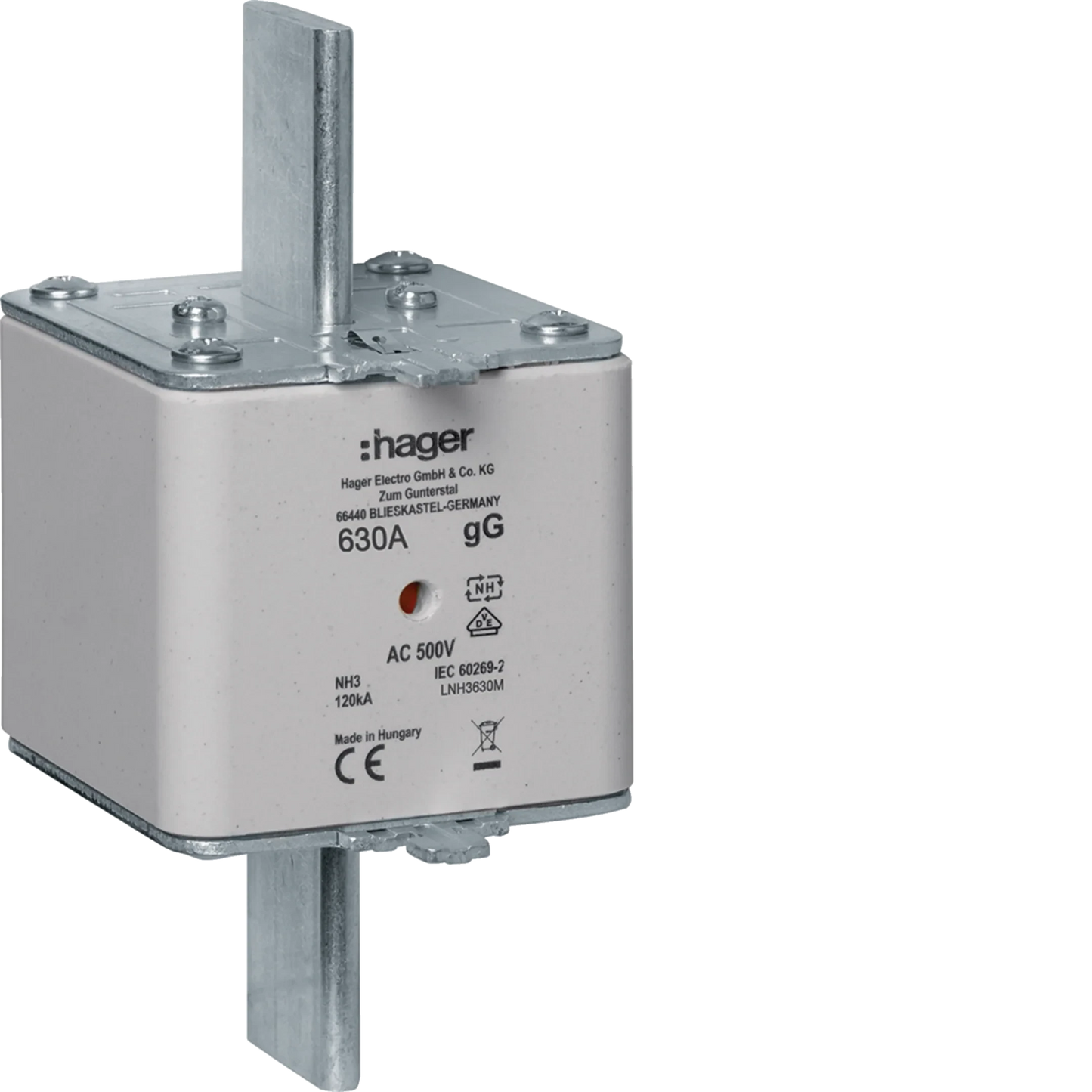 NH-Sicherungseinsatz NH3 gG AC500V 630A Kombi-Melder mit Metall-Grifflasche | Hager