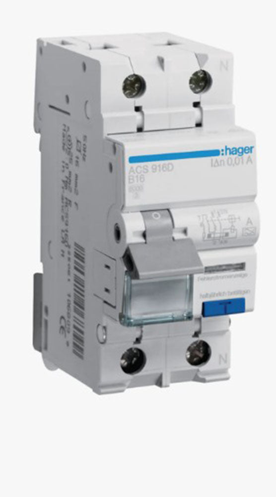 Hager FI/LS-Schalter ACS916D 1P+N 6kA B16A 0,01A A QC&QB | Hager