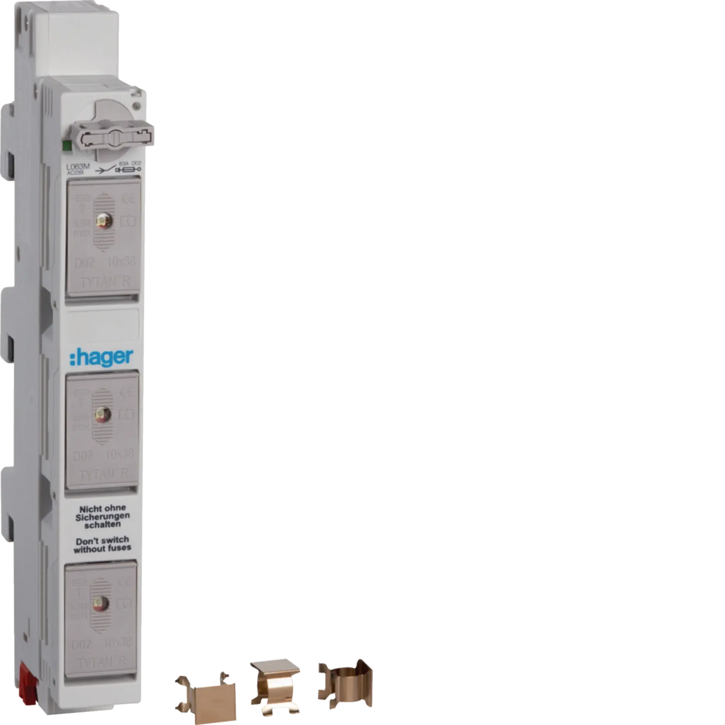 Lasttrennschalter für Sicherungen D02 63A 3polig 60mm Sammelschiene | Hager