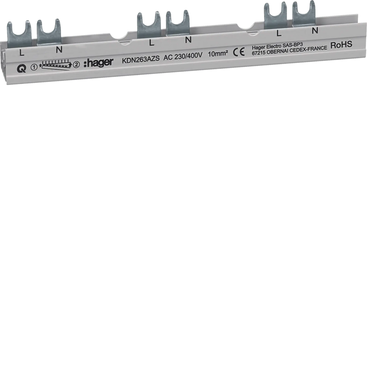Phasenschiene 2P Gabelanschluss 10 mm² für ARFxxxD mit Hilfsschalter 10 Module | Hager