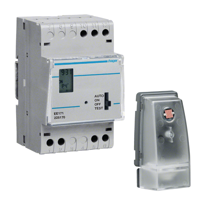 Hager EE171 Dämmerungsschalter + Wochenschaltuhr mit Aufbaufühler | Hager