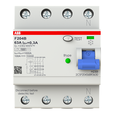 ABB F204 B-63/0,3 Allstromsensitiver FI-Schutzschalter, Typ B, 4-polig, 63 A, 300 mA – Allstrom sensibel, stoßfest, zuverlässiger Personenschutz