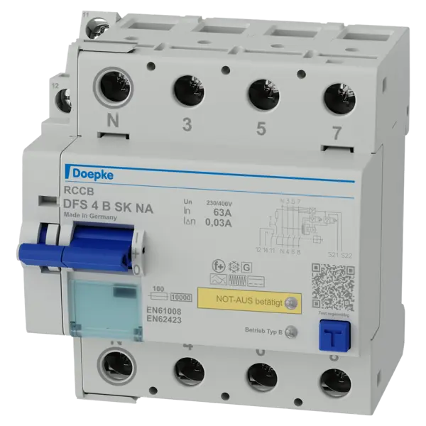 Doepke DFS4 063-4/0.03-B SK NA – 4-poliger FI-Schalter Typ B (63A/30mA) mit NOT-AUS & Allstromsensitiv | Doepke