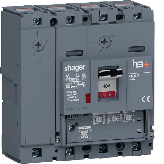Leistungsschalter h3+ P160 LSnI 4P4D N0-50-100% 40A 70kA CTC | Hager