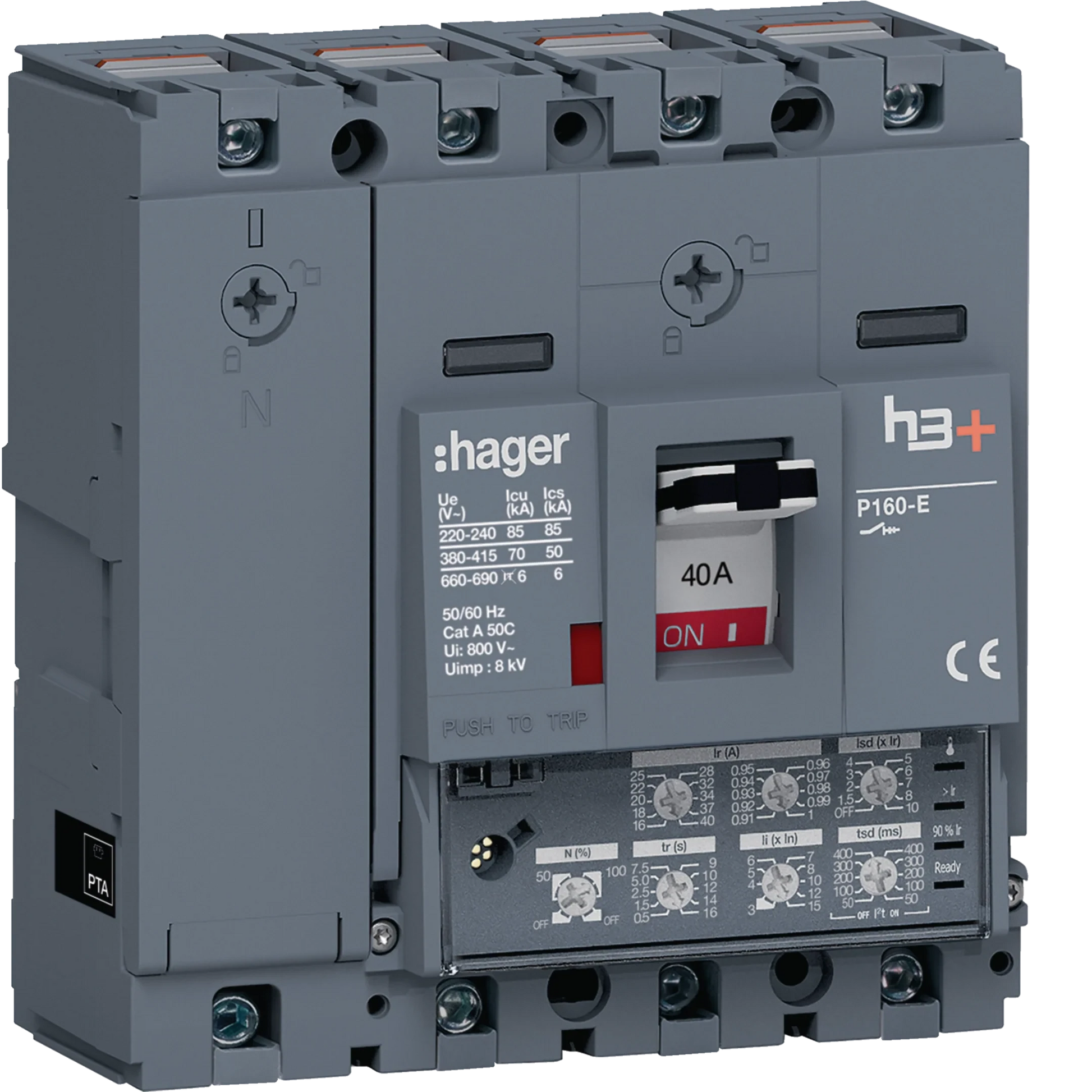 Leistungsschalter h3+ P160 LSI 4P4D N0-50-100% 40A 70kA CTC | Hager