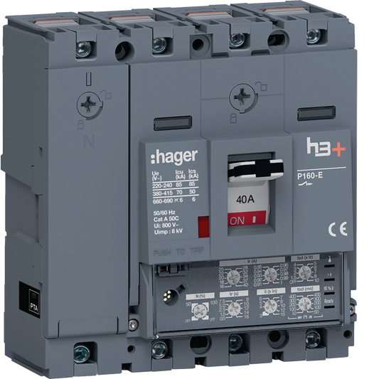 Leistungsschalter h3+ P160 LSI 4P4D N0-50-100% 40A 70kA CTC | Hager