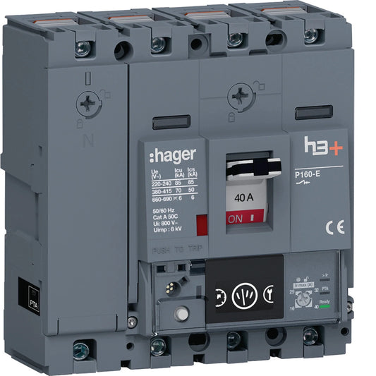Leistungsschalter h3+ P160 Energy 4P4D N0-50-100% 40A 70kA CTC | Hager